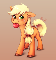 Size: 1809x1923 | Tagged: safe, artist:buttersprinkle, imported from derpibooru, applejack, earth pony, pony, apple, blushing, cute, female, food, hatless, hooves, jackabetes, looking at you, missing accessory, mouth hold, simple background, smiling, solo, that pony sure does love apples