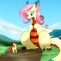 Size: 1000x1000 | Tagged: safe, artist:kushina13, imported from derpibooru, apple bloom, fluttershy, scootaloo, sweetie belle, dragon, earth pony, pegasus, pony, unicorn, butt, cutie mark crusaders, dragonified, flammie, flutterdragon, hoof hold, looking at each other, looking at someone, open mouth, open smile, plot, secret of mana, smiling, species swap, translation request