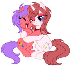 Size: 1024x954 | Tagged: safe, artist:xnightmelody, imported from derpibooru, oc, oc only, oc:lilly, oc:nicole colours, pony, unicorn, blushing, cute, duo, duo female, eyes closed, female, hooves, horn, hug, mare, mother and daughter, ocbetes, one eye closed, open mouth, open smile, simple background, smiling, tail, transparent background, unicorn oc