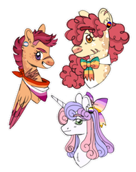Size: 770x974 | Tagged: safe, artist:nhye, imported from derpibooru, apple bloom, scootaloo, sweetie belle, earth pony, pegasus, pony, unicorn, alternate design, badge, bandana, bow, bowtie, cutie mark crusaders, female, gender headcanon, headcanon, lesbian, lesbian pride flag, lgbt headcanon, looking at you, nonbinary, nonbinary pride flag, pansexual, pansexual pride flag, polyamory, polyamory pride flag, pride, pride flag, redesign, scar, scootabelle, sexuality headcanon, shipping, simple background, smiling, transgender, transgender pride flag, transparent background, trio, trixic pride flag