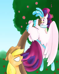 Size: 1024x1280 | Tagged: safe, artist:kushina13, imported from derpibooru, applejack, queen novo, classical hippogriff, earth pony, hippogriff, pony, my little pony: the movie, apple, apple tree, applejack's hat, behaving like a bird, butt, cowboy hat, cute, duo, female, freckles, hat, implied anus, implied labia, looking at each other, looking at someone, mare, novobetes, pinpoint eyes, plot, queen novass, tree