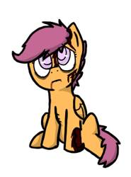 Size: 233x315 | Tagged: safe, artist:arkypony, imported from derpibooru, scootaloo, pegasus, pony, undead, zombie, bleeding, blood, cut, female, filly, foal, looking up, messy mane, messy tail, simple background, sitting, solo, tail, torn ear, tumblr:ask zombie scoots, white background, zombie scoots