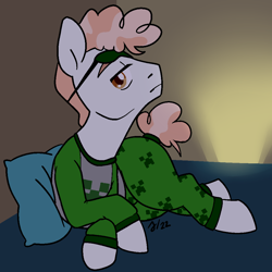 Size: 1000x1000 | Tagged: safe, artist:/d/non, imported from derpibooru, svengallop, earth pony, pony, clothes, creeper, crossed hooves, februpony, frown, looking at you, male, minecraft, pajamas, pillow, stallion