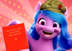 Size: 675x474 | Tagged: safe, edit, edited screencap, imported from derpibooru, screencap, izzy moonbow, pony, unicorn, spoiler:my little pony: a new generation, big smile, communism, exploitable meme, g5, grinded pony hooves, hooves, ideology, little red book, mao zedong, mare, meme, my little pony: a new generation, politics, propaganda parody, social credit