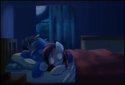 Size: 1024x700 | Tagged: safe, artist:xnightmelody, imported from derpibooru, oc, oc only, pony, bed, duo, eyes closed, female, male, moon, night, oc x oc, shipping, sleeping, smiling, window