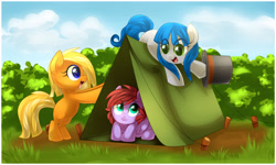 Size: 1024x613 | Tagged: safe, artist:xnightmelody, imported from derpibooru, oc, oc only, earth pony, pony, bipedal, camping, earth pony oc, female, filly, foal, grass, hat, tent, top hat, trio