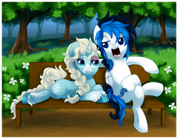 Size: 1024x800 | Tagged: safe, artist:xnightmelody, imported from derpibooru, oc, oc only, pegasus, pony, unicorn, bench, commission, commissioner:snowspelll, duo, faic, female, horn, male, oc x oc, open mouth, park, pegasus oc, shipping, tree, unicorn oc