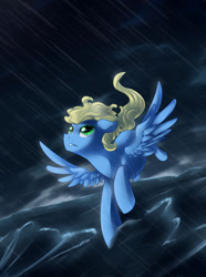 Size: 1024x1373 | Tagged: safe, artist:xnightmelody, imported from derpibooru, oc, oc only, pegasus, pony, flying, ocean, pegasus oc, rain, solo, storm, water