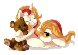 Size: 1024x729 | Tagged: safe, artist:xnightmelody, imported from derpibooru, oc, oc only, pony, unicorn, eyes closed, female, grin, horn, plushie, simple background, smiling, solo, teddy bear, transparent background, unicorn oc