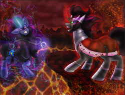 Size: 1195x915 | Tagged: safe, imported from derpibooru, king sombra, oc, oc:hazy spark, fight, magic, simple background