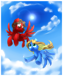 Size: 2984x3600 | Tagged: safe, artist:xnightmelody, imported from derpibooru, oc, oc only, pegasus, pony, cloud, commission, commissioner:fleetingmemories, duo, female, flying, male, pegasus oc, sky