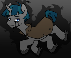 Size: 999x815 | Tagged: safe, artist:/d/non, imported from derpibooru, stygian, pony, unicorn, black tears, cloak, clothes, crying, februpony, gray background, male, sad, short tail, simple background, solo, stallion, tail, unshorn fetlocks