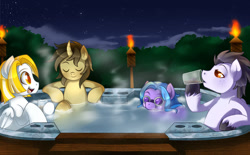 Size: 1024x635 | Tagged: safe, artist:xnightmelody, imported from derpibooru, oc, oc only, pegasus, pony, unicorn, curved horn, eyes closed, horn, hot tub, male, pegasus oc, relaxing, torch, unicorn oc