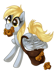 Size: 1024x1366 | Tagged: safe, artist:xnightmelody, imported from derpibooru, derpy hooves, pegasus, pony, bag, cute, derpabetes, female, food, mouth hold, muffin, simple background, solo, transparent background