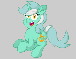 Size: 3249x2511 | Tagged: safe, artist:background basset, artist:threetwotwo32232, imported from derpibooru, lyra heartstrings, pony, unicorn, collaboration, ear fluff, female, full body, gray background, happy, high res, hooves, horn, mare, open mouth, open smile, shading, simple background, smiling, solo, tail