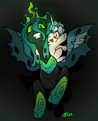 Size: 811x997 | Tagged: safe, artist:/d/non, imported from derpibooru, cozy glow, queen chrysalis, alicorn, changeling, pony, alicornified, black background, cozy glow riding chrysalis, cozycorn, crown, duo, februpony, female, filly, foal, glowing, glowing eyes, green eyes, grin, jewelry, open mouth, open smile, ponies riding changelings, race swap, regalia, simple background, smiling