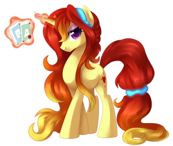 Size: 1024x859 | Tagged: safe, artist:xnightmelody, imported from derpibooru, oc, oc only, pony, unicorn, card, commission, commissioner:arcadianphoenix, female, glowing, glowing horn, horn, magic, simple background, solo, telekinesis, transparent background, unicorn oc