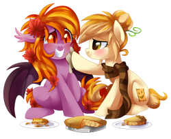 Size: 1024x836 | Tagged: safe, artist:xnightmelody, imported from derpibooru, oc, oc only, bat pony, earth pony, pony, bat pony oc, clothes, duo, earth pony oc, female, food, leaves, pie, scarf, simple background, smiling, striped scarf, transparent background