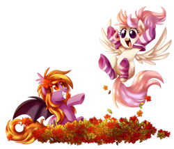 Size: 1024x878 | Tagged: safe, artist:xnightmelody, imported from derpibooru, oc, oc only, bat pony, pegasus, pony, bat pony oc, clothes, cute, duo, female, jumping, leaf, leaf pile, leaves, open mouth, pegasus oc, simple background, socks, striped socks, transparent background