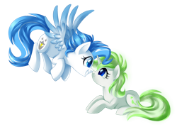 Size: 1024x732 | Tagged: safe, artist:xnightmelody, imported from derpibooru, oc, oc only, pegasus, pony, unicorn, duo, female, floating, grin, horn, lying down, pegasus oc, prone, simple background, smiling, spread wings, transparent background, unicorn oc, wings