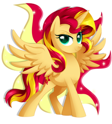 Size: 1024x1127 | Tagged: safe, artist:xnightmelody, imported from derpibooru, sunset shimmer, alicorn, pony, equestria girls, alicornified, backwards cutie mark, cutie mark background, female, race swap, shimmercorn, simple background, smiling, smirk, solo, spread wings, sunshine shimmer, transparent background, wings