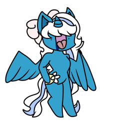 Size: 500x500 | Tagged: safe, artist:inkyrubydrawz, imported from derpibooru, oc, oc:fleurbelle, alicorn, pony, semi-anthro, alicorn oc, bipedal, bow, derp, female, hair bow, horn, mare, simple background, transparent background, twilight sparkle (alicorn), wings