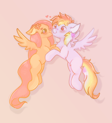 Size: 1920x2111 | Tagged: safe, artist:nyota71, imported from derpibooru, fluttershy, rainbow dash, pegasus, pony, bandaid, blushing, chest fluff, duo, elbow fluff, female, floppy ears, flower, flower in hair, flutterdash, heart, high res, lesbian, looking at each other, looking at someone, mare, missing cutie mark, pink background, shipping, simple background, smiling, spread wings, teary eyes, wings