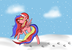 Size: 3600x2500 | Tagged: safe, artist:mintywaffle, imported from derpibooru, oc, oc only, pegasus, pony, christmas, female, hat, holiday, open mouth, pegasus oc, santa hat, snow, solo