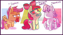 Size: 3257x1841 | Tagged: safe, artist:meepars, imported from derpibooru, apple bloom, scootaloo, sweetie belle, earth pony, pegasus, pony, unicorn, buy some apples, cursed image, cutie mark crusaders, faic, female, scootachicken, trio, wat, woll smoth