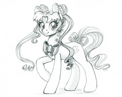 Size: 1093x870 | Tagged: safe, artist:maytee, imported from derpibooru, earth pony, pony, anime, bow, monochrome, ponified, sailor moon, serena tsukino, solo, tail, tail bow, traditional art, tsukino usagi