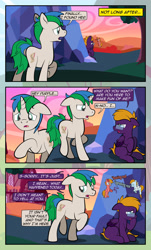 Size: 1920x3169 | Tagged: safe, artist:alexdti, imported from derpibooru, oc, oc only, oc:aqua lux, oc:purple creativity, oc:star logic, oc:warm focus, pegasus, pony, unicorn, comic:quest for friendship, :t, bandage, comic, crying, dialogue, ears back, eye contact, eyes closed, female, floppy ears, folded wings, glasses, high res, hoof hold, hoof over mouth, hooves, horn, looking at each other, looking at someone, looking away, looking back, male, mare, open mouth, outdoors, pegasus oc, raised hoof, raised leg, shadow, shoulder angel, shoulder devil, sitting, speech bubble, stallion, sunset, tail, twilight's castle, two toned mane, two toned tail, unicorn oc, wall of tags, wings