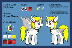 Size: 1920x1275 | Tagged: safe, artist:alexdti, imported from derpibooru, oc, oc only, oc:lucia nightblood, alicorn, bat pony, bat pony alicorn, pony, bat pony oc, bat wings, ear fluff, ear tufts, fangs, female, folded wings, full body, hooves, horn, mare, offspring, open mouth, open smile, parent:king sombra, parent:princess luna, parents:lumbra, reference sheet, smiling, solo, spread wings, standing, tail, wings