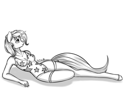 Size: 2398x1798 | Tagged: safe, artist:max_torreto, imported from derpibooru, trixie, anthro, unguligrade anthro, unicorn, breasts, clothes, female, lying down, monochrome, one-piece swimsuit, solo, swimsuit