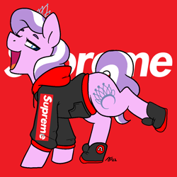 Size: 1000x1000 | Tagged: safe, artist:/d/non, imported from derpibooru, diamond tiara, earth pony, pony, clothes, februpony, female, filly, foal, hoodie, jewelry, lifted leg, lululemon, open mouth, red background, shoes, simple background, solo, supreme, tiara