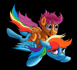 Size: 901x819 | Tagged: safe, artist:inurantchan, imported from derpibooru, rainbow dash, scootaloo, pegasus, pony, black background, female, filly, flying, foal, riding a pony, scootaloo riding rainbow dash, simple background