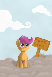 Size: 839x1236 | Tagged: safe, artist:inurantchan, imported from derpibooru, scootaloo, pegasus, pony, female, filly, foal, quicksand, sign, solo