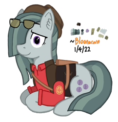 Size: 872x902 | Tagged: safe, artist:bloonacorn, imported from derpibooru, marble pie, earth pony, pony, /mlp/ tf2 general, clothes, glasses, hat, quiver, simple background, sniper, solo, team fortress 2, transparent background