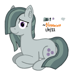 Size: 872x902 | Tagged: safe, artist:bloonacorn, imported from derpibooru, marble pie, earth pony, pony, /mlp/ tf2 general, ear fluff, female, full body, hair over one eye, hooves, lying, lying down, mare, ponyloaf, prone, signature, simple background, smiling, solo, tail, transparent background