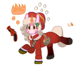 Size: 1400x1300 | Tagged: safe, artist:bloonacorn, imported from derpibooru, oc, oc only, oc:bloona blazes, pony, unicorn, /mlp/ tf2 general, clothes, clover, flare gun, four leaf clover, hat, horn, looking at you, magic, simple background, smiling, smiling at you, solo, team fortress 2, telekinesis, transparent background, unicorn oc