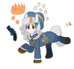 Size: 1400x1300 | Tagged: safe, artist:bloonacorn, imported from derpibooru, oc, oc only, oc:bloona blazes, pony, unicorn, /mlp/ tf2 general, clover, flare gun, four leaf clover, hat, horn, looking at you, magic, simple background, smiling, smiling at you, solo, team fortress 2, telekinesis, transparent background, unicorn oc