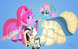 Size: 1024x645 | Tagged: safe, artist:exobass, imported from derpibooru, oc, pony, unicorn, zebra, fallout equestria, armor, bow, cape, clothes, diadem, dress, flower, horn, looking at you, power armor, rose, unicorn oc, zebra oc