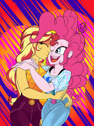 Size: 774x1032 | Tagged: safe, artist:dncsamsonart, imported from derpibooru, pinkie pie, sunset shimmer, equestria girls, cheek kiss, duo, duo female, female, holiday, kissing, lesbian, shipping, sunsetpie, valentine's day