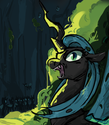 Size: 2090x2400 | Tagged: safe, artist:megalura, imported from derpibooru, queen chrysalis, changeling, changeling queen, changeling hive, female, laughing, solo focus