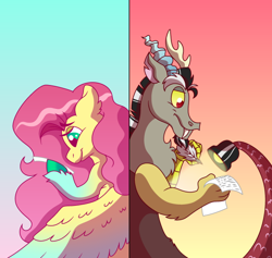 Size: 640x607 | Tagged: safe, artist:neon-night, imported from derpibooru, discord, fluttershy, draconequus, pegasus, alternate design, implied discoshy, implied shipping, implied straight, letter, light, paper, reading, sunlight