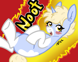 Size: 901x724 | Tagged: safe, artist:/d/non, imported from derpibooru, oc, oc only, oc:nootaz, pony, unicorn, blonde hair, blushing, cheetos, coat markings, februpony, female, mare, open mouth, socks (coat markings), solo