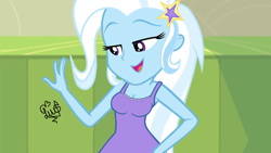 Size: 1280x720 | Tagged: safe, artist:flutteryaylove, edit, edited screencap, imported from derpibooru, screencap, trixie, equestria girls, equestria girls series, forgotten friendship, breasts, busty trixie, cleavage, clothes, dress, female, smiling, solo, tanktop