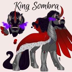 Size: 2000x2000 | Tagged: safe, artist:teonnakatztkgs, imported from derpibooru, king sombra, alicorn, pony, alicornified, bio in description, bust, cloak, clothes, curved horn, floating wings, horn, male, race swap, scar, solo, stallion, wings