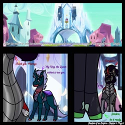 Size: 2000x2000 | Tagged: safe, artist:teonnakatztkgs, imported from derpibooru, king sombra, pharynx, queen chrysalis, changedling, changeling, pony, comic, crystal empire, dialogue, male, outdoors, prince pharynx, stallion