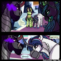 Size: 2000x2000 | Tagged: safe, artist:teonnakatztkgs, imported from derpibooru, king sombra, queen chrysalis, shining armor, changedling, changeling, changeling queen, pony, unicorn, bowing, comic, curved horn, dialogue, female, horn, male, scar, sombra eyes, stallion