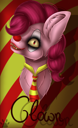 Size: 1910x3138 | Tagged: safe, artist:maneblue, imported from derpibooru, pinkie pie, earth pony, pony, abstract background, bust, clown, ear fluff, female, lipstick, mare, necktie, paw prints, sharp teeth, solo, teeth